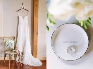 Bridal gown and wedding rings at Barren Ridge Vineyards Wedding